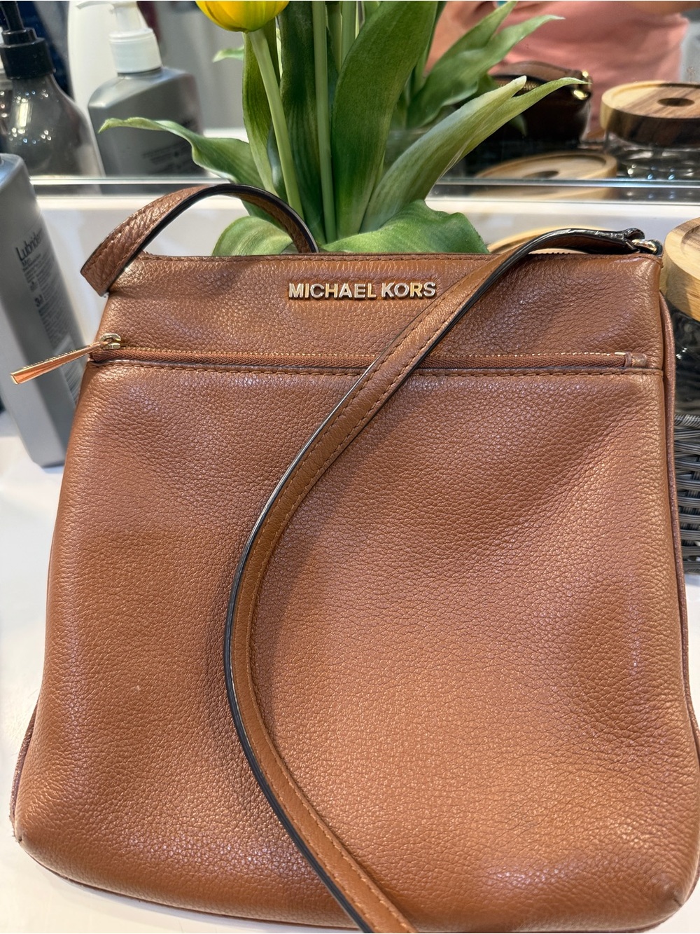 Michael Kors Cognac Pebbled Leather Messenger Bag with Gold Logo